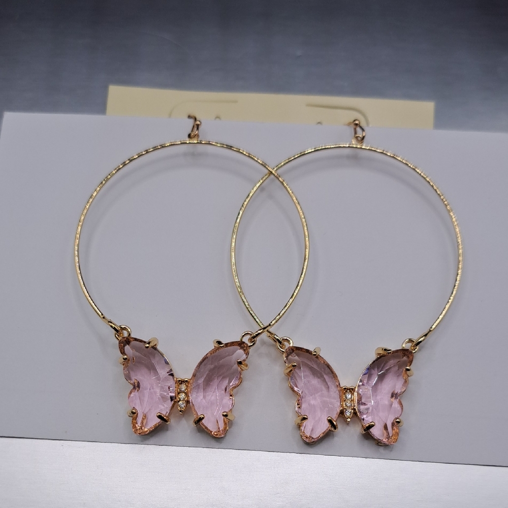 Elegant Gold and Pink Butterfly Hoop Earrings